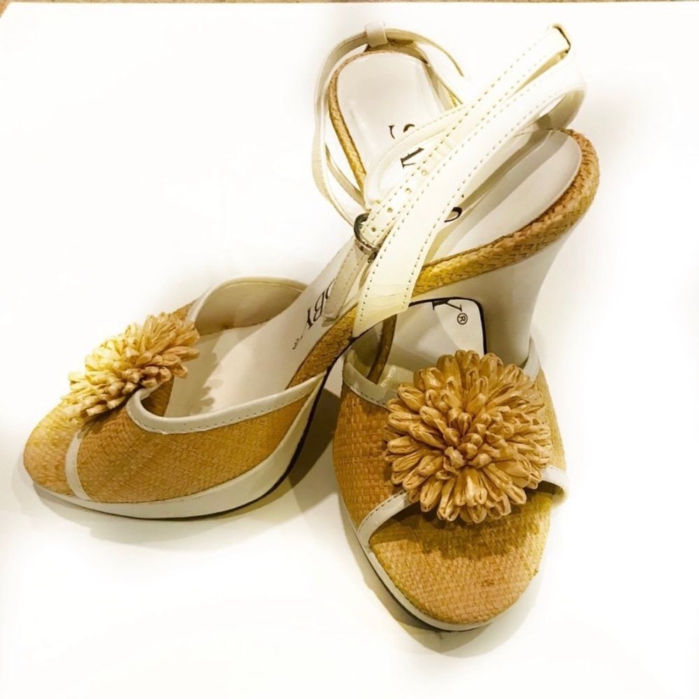 Sam & Libby Ally Cat Raffia & White Vegan Leather Sandal Heels Pumps